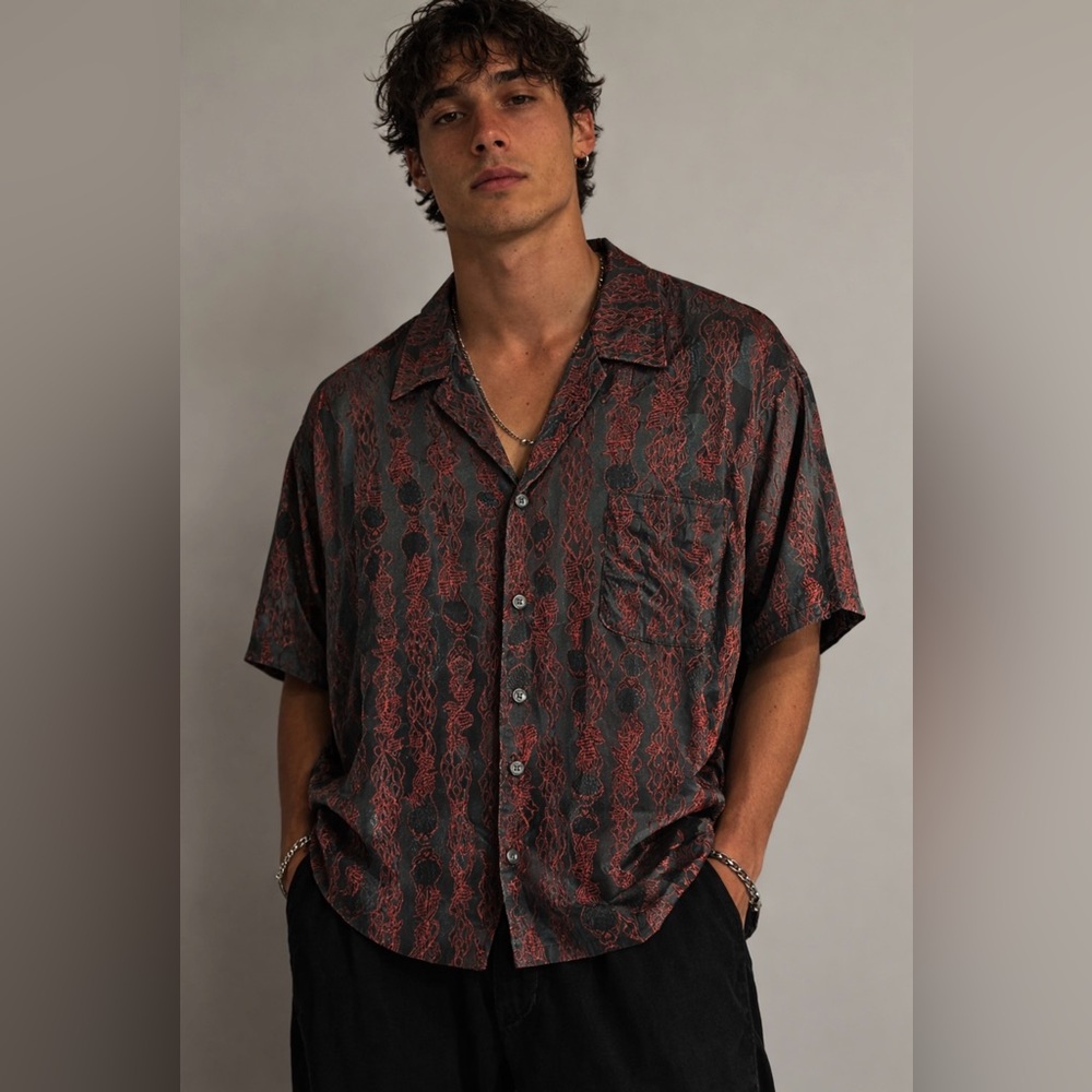 Vintage Y2K MT:2 Silk Rayon Button Down Shirt Rockabilly Red Black Men’s XXXL